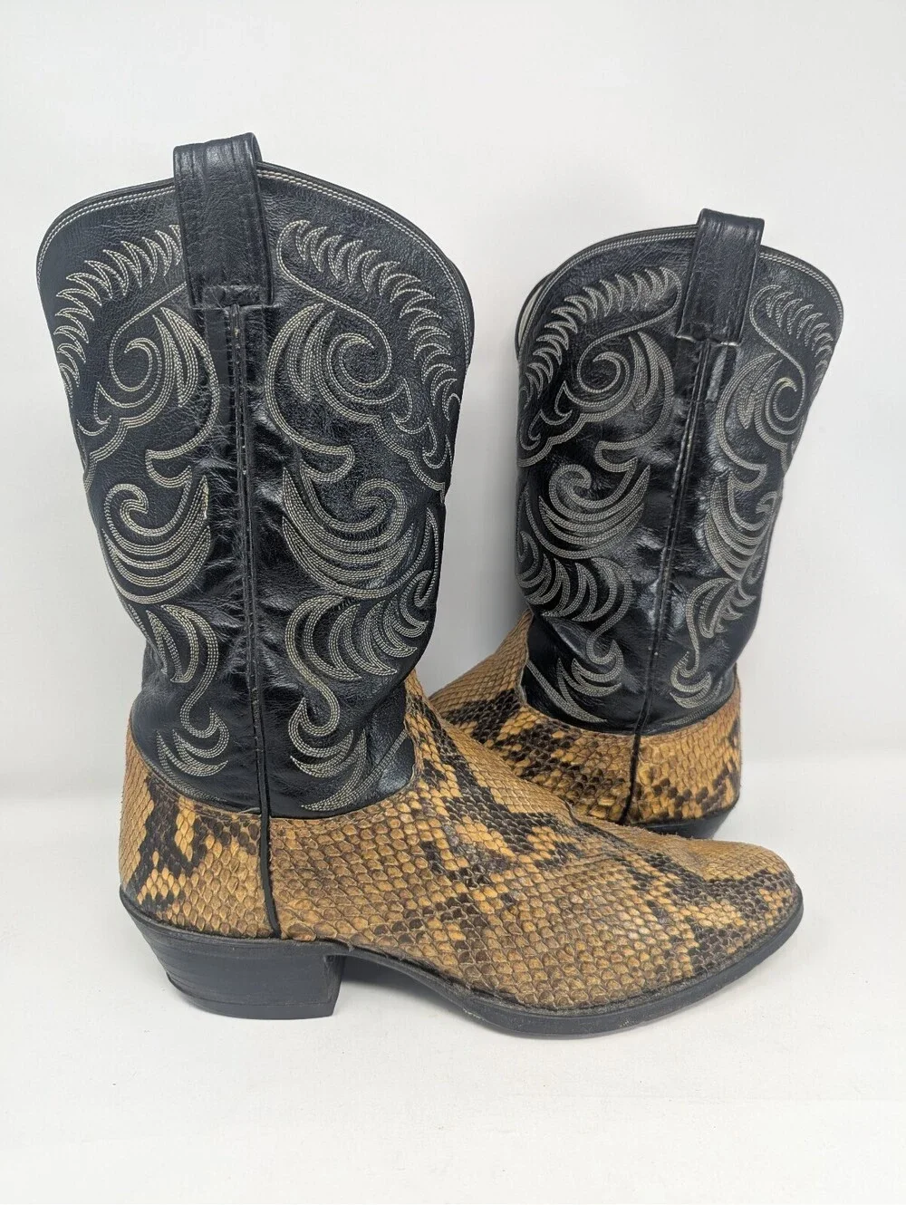 Olathe Snakeskin Python Cowboy Western Boots Mens 13 USA Black Gold Leather Show